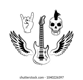 Rock and roll symbols as electric guitar, punk skull, crown hand gesture and two wings vector illustrations in black and white colors