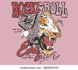 Rock and roll t shirt design. Eagle vector print for apparel. Hungry Tiger artwork for fashion and others. 