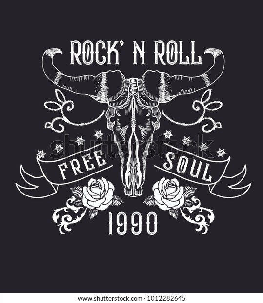 Rock and roll\
tattoo. Bull skull, roses. Symbol of hard rock, music, western,\
heavy metal. Rock t-shirt\
design