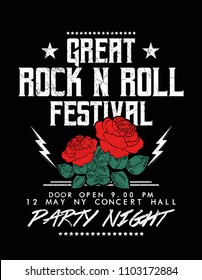 Rock and Roll text with rose flower, fashion print for t shirt and other uses.