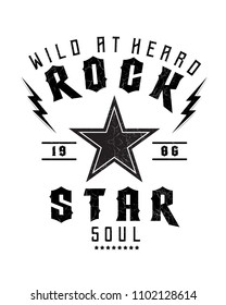 Rock and Roll text with star, fashion print for t shirt and other uses.