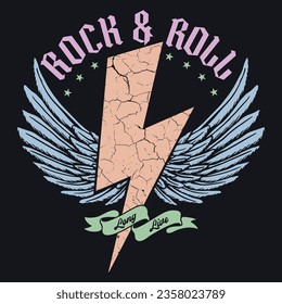 Rock and roll Thunder  with Wings vintage t shirt design. Thunder with eagle wing vector artwork for apparel, stickers, posters, background and others. 