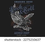 Rock and roll tour t shirt print design. Rockstar vector artwork. Rebel eagle graphic illustration. Music poster.