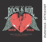 Rock and roll tour t shirt print design. Rockstar vector artwork. Eagle wing graphic illustration.Music poster. Heart rock and roll vector design for t-shirt. Love rock tour artwork.