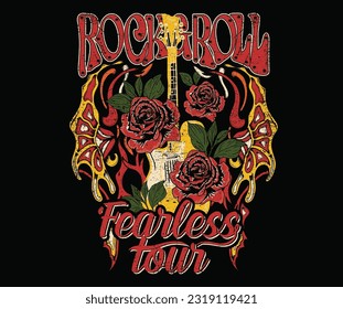 Rock   roll tour t shirt print design  Rockstar vector artwork  Guitar   rose flower graphic illustration  Music poster  Fearless  music tour 