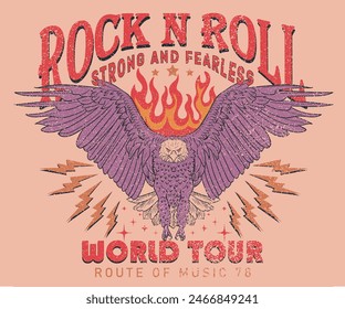 Diseño de estampado de camiseta de Rock y roll tour. Arte del Vector Rockstar. Ilustración gráfica del águila rebelde.