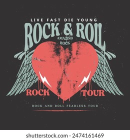 Diseño de estampado de camiseta de Rock y roll tour. Arte del Vector Rockstar. Ilustración gráfica del ala del águila. Afiche de música. Diseño de Vector de roca y rollo de corazón para camiseta. Me encanta el rock.