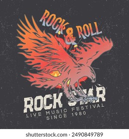 Rock and roll tour t shirt print design. Rockstar vector artwork. Eagle wing graphic illustration.Music poster. Heart rock and roll vector design for t-shirt. Love rock tour artwork.