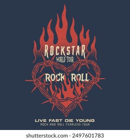 Rock and roll tour t shirt print design. Rockstar vector artwork. Eagle wing graphic illustration.Music poster. Heart rock and roll vector design for t-shirt. Love rock tour artwork.