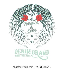 Rock and roll tour t shirt print design. Rockstar vector artwork. Eagle wing and rose flower graphic illustration. Music poster. Make some noise rock and roll artwork design.