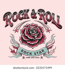 Rock and roll tour t shirt print design (em inglês) . Ilustração gráfica de flor de rosa. Cartaz de música. Design gráfico de impressão rock and roll para vestuário, adesivos, cartazes e fundo