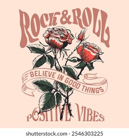 Rock and roll tour t shirt print design. Rockstar vector artwork. Rose flower graphic illustration. Music poster. women's graphic print design