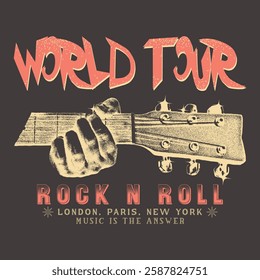 Rock and roll tour t shirt print design. Rockstar vector artwork. Rock'n'Roll music Creative Lettering Grunge style, Male and women's graphic tee print design. Rock'n'roll grunge, retro rock and roll