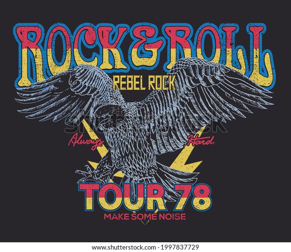 Rock and roll
tour t shirt print design. Rockstar vector artwork. Rebel eagle
graphic illustration. Music poster.
