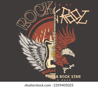 Rock and roll t-shirt design. Eagle wing with guitar music poster. Eagle fly artwork.