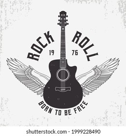 Rock and Roll t-shirt design with guitar and wings. Typography graphics for tee shirt with slogan and grunge. Vintage apparel with rock-n-roll print. Vector illustration.