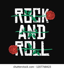 Rock and Roll t-shirt design. Red roses between typography. Vintage rock music style graphic for t-shirt print with grunge background. Vector