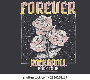 Rock and roll t-shirt design. Rose rocking vector graphic print design for apparel, stickers, posters, background and others. Rock tour vintage artwork.