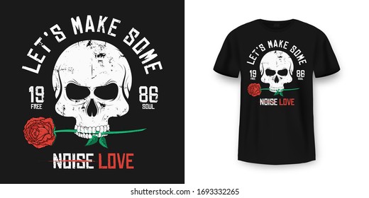 Rock and Roll t-shirt design. Skull is biting and holding red rose. Vintage rock music style graphic for t-shirt print, slogan t-shirt print. Vector