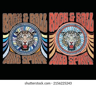 Rock and roll t-shirt design. Wild cat vector graphic print design for apparel, stickers, posters, background and others. Wild spirit vintage artwork.