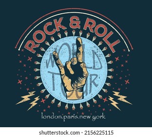 Rock and roll t-shirt design. World tour vector graphic print design for apparel, stickers, posters, background and others. Rock city tour vintage artwork.