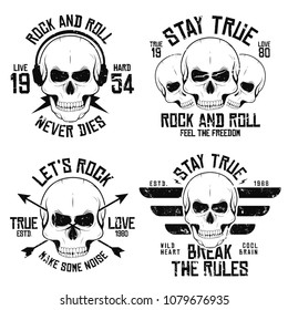Rock and roll t-shirt graphic design with skulls, wings, arrows and headphones. Rock music slogan for t-shirt print and poster. Vintage skulls with grunge texture. Vector
