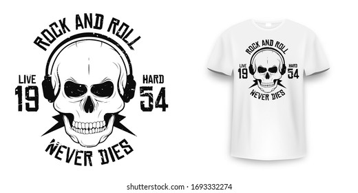 Rock and roll t-shirt graphic design with skull. Rock music slogan for t-shirt print and poster. Skull with grunge texture in vintage and hipster style. Vector