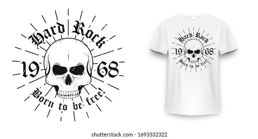 Rock and roll t-shirt graphic design with skull. Rock music slogan for t-shirt print and poster. Skull with grunge texture in vintage and hipster style. Vector