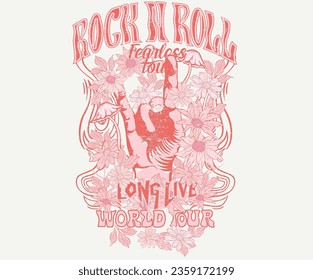 Diseño de impresión de camisetas de rock y rollo. Haz algo de ruido. Jardín de flores con hongos. Afiche de la gira del mundo de la música. Diseño intrépido.	