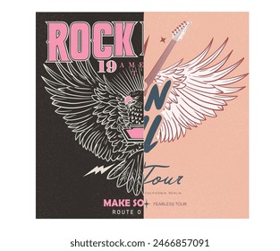 Rock and roll t-shirt print design. Music world tour poster. Live fast die young.  Eagle vector design. make some noise.