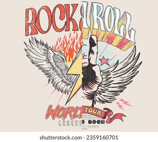 Rock and roll vector graphic design. Eagle wing print design.