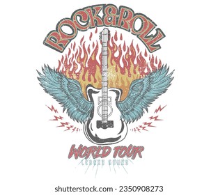 Rock and roll vector graphic print design for apparel, stickers, posters, background and others. Rebel rock music poster. Music world tour. Eagle artwork. Guitar with wing poster.