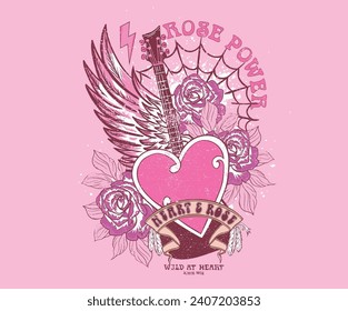 Rock and roll vector graphic print design for apparel, stickers, posters, background and others. Eagle wing. Speaker box artwork.  Heart, rose flower with guitar music poster. Music world tour.