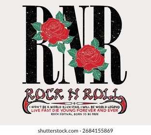Rock and roll vector graphic print design for apparel, posters, background and others. World music tour poster.  Rose flower artwork.
