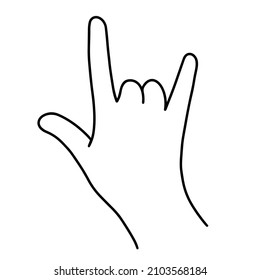 Icono de vector rock and roll. Ilustración dibujada a mano aislada sobre fondo blanco. La mano humana derecha muestra el símbolo de la música pesada. Gesto de rock punk, clipart para diseño web, app, conciertos.
