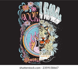 Rock and roll vector print deign. Tiger face and guitar music poster. Flower graphic design.