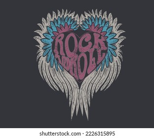 Rock and roll vector print design. Wing heart vintage graphic print design. Rock tour t-shirt artwork.