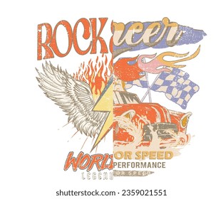 Rock and roll vector print design. Eagle wing and guitar music poster. Car race graphic design.