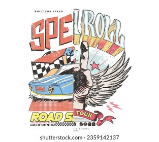 Rock and roll vector print design. Car race graphic design. Music poster. Eagle wing sketch. Hand sketch.