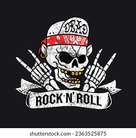 Vector de rollo y rollo. Rock de mano de cráneo n' vector de rollo. Idea de disfraces de Halloweed. Calavera con bandana en la cabeza. Trash metal, punk, concepto musical