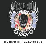 Rock and roll vector t-shirt design. Skulls with rose flower. New York city rock tour.