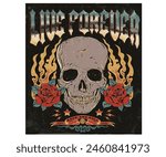 Rock and roll vector t-shirt design.  Live forever. Music world tour artwork. Wild and free. Music slogan logo design. Skull fire graphic artwork. Rose with hand vintage art.