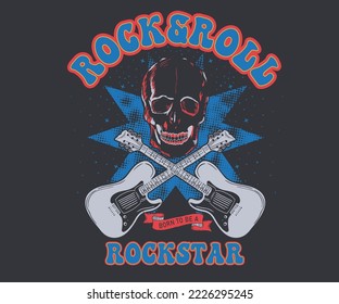 Diseño de camisetas vectoriales de rock y rollo. Afiche con música de cráneo. Ilustración de la huella vectorial de guitarra y rollo.