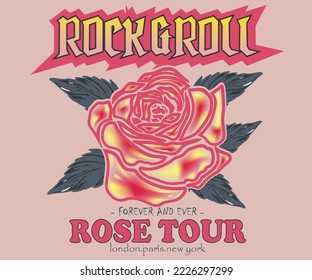 Diseño de camisetas vectoriales de rock y rollo. Afiche musical de la época de Rose. 