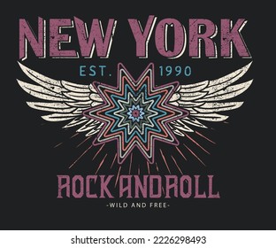 Rock and Roll Vektor T-Shirt Design. Adler Flügel Vintage Musik Poster Kunstwerk. Neue York Musik Tour Vektorgrafik.