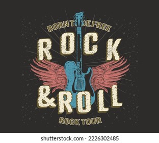 Rock and roll vector t-shirt design. Guitar and eagle wing rock and roll vector print illustration.