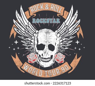 Rock and roll vector t-shirt design. Rose vintage music poster artwork. Eagle wing rock and roll vector print illustration.