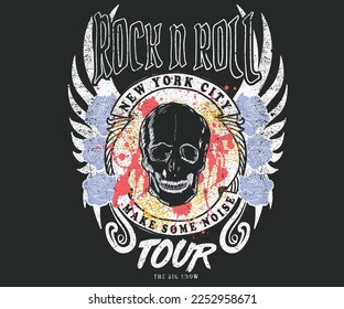 Rock   roll vector t  shirt design  Skulls and rose flower  New York city rock tour 