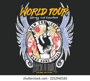 Rock and roll vector t-shirt design. World rock tour. Make some noise. 