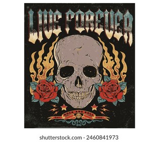 Rock and roll vector t-shirt design.  Live forever. Music world tour artwork. Wild and free. Music slogan logo design. Skull fire graphic artwork. Rose with hand vintage art.
